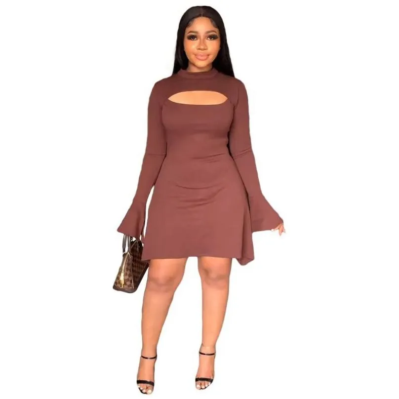 Basic & Casual Dresses Casual Dresses Flare Long Sleeve Front Cut Out Mini Dress Woman Autumn Winter 2023 Classic Basic Female Clothi Dhrqp