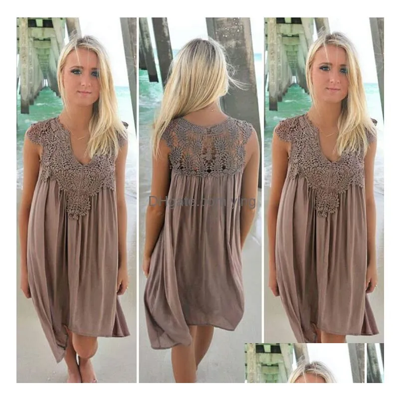 boho style women lace dress summer loose casual beach mini swing dresses chiffon bikini cover up womens clothing