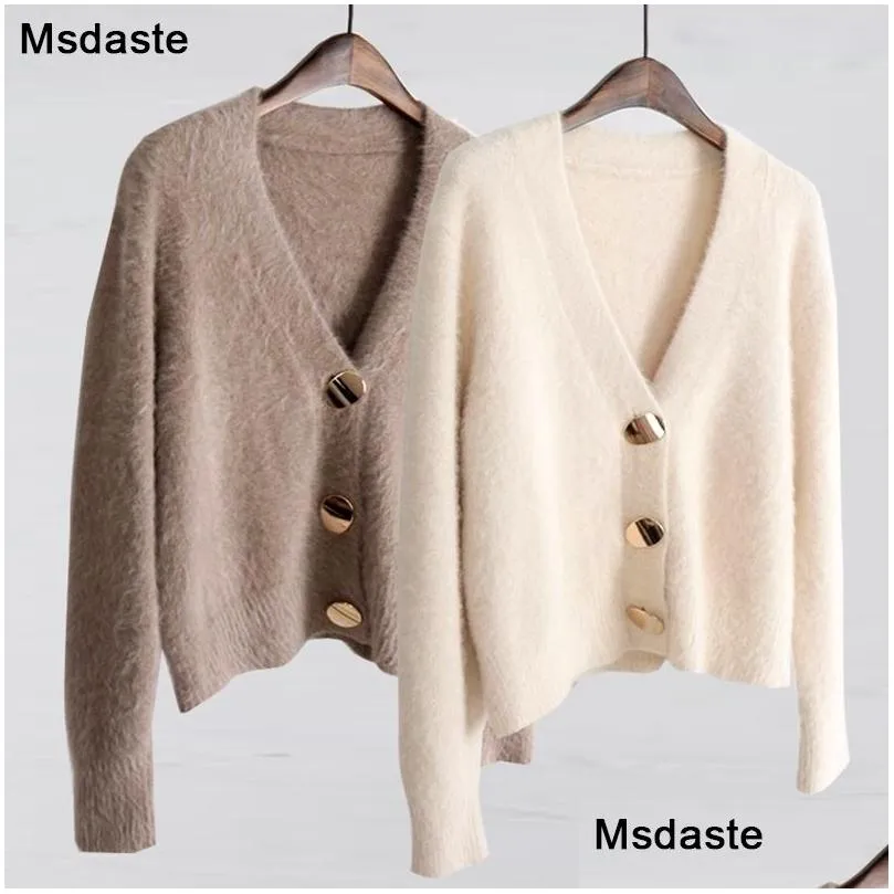 Women`S Sweaters Mohair Sweater Women Cardigans Winter V-Neck Soft Knitted Tops Outwear Solid White Brown Casual Woman Knitwear Sweat Dh1Mt