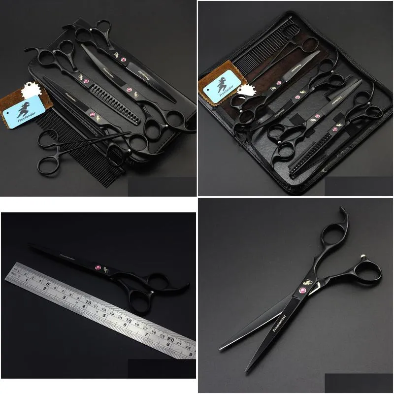 freelander 7.0 inch black baking varnish 62hrc hardness 6cr stainless steel 4 hair scissors kit +comb+hemostatic forceps