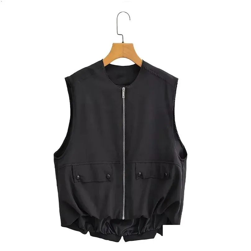 womens vests oneck sleeveless zipper tank top autumn pocket drawstring casual loose street clothing full matching jacket 231116