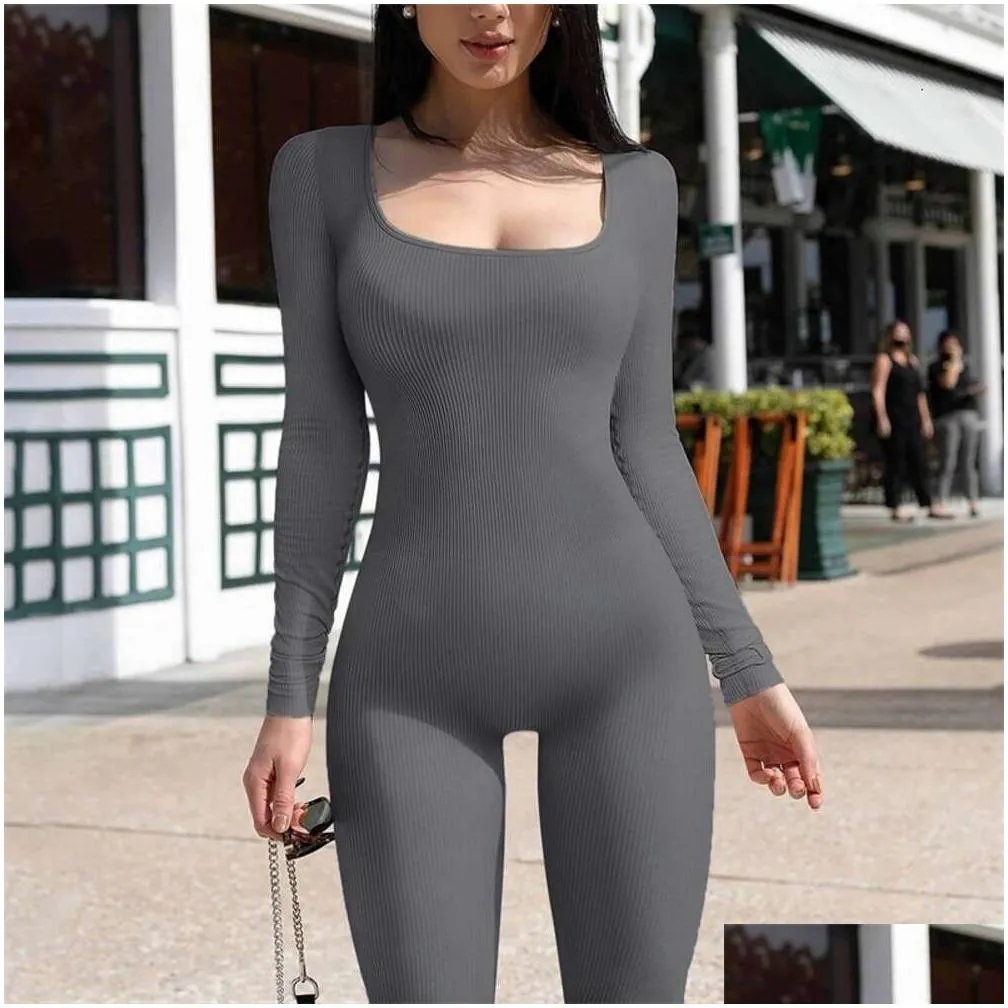 Women`S Jumpsuits & Rompers Women Jumpsuits Autumn And Winter New Product With Threaded Square Neck Buttocks Lifting Slim Fitting Y R Dhdaj