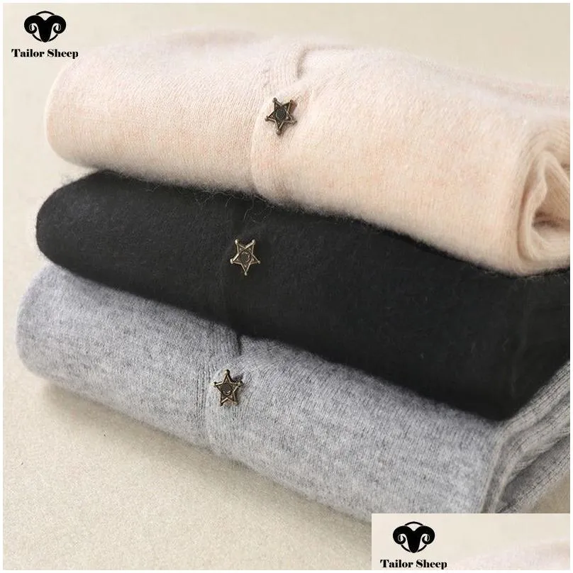 Women`S Sweaters Star Buckle 100% Cashmere Cardigan Women Thin Coat Short Section Autumn V-Neck Collar Long Sleeve Sweater Female Out Dhztu