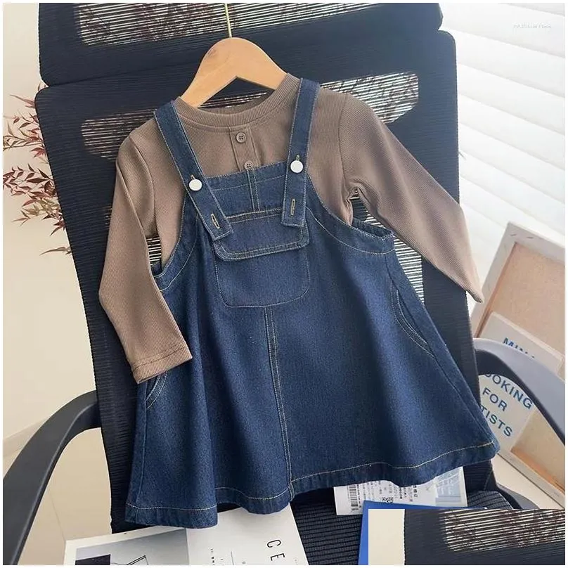 girl dresses korean style autumn baby girls blue sleeveless a-line button denim with pockets kids outwear