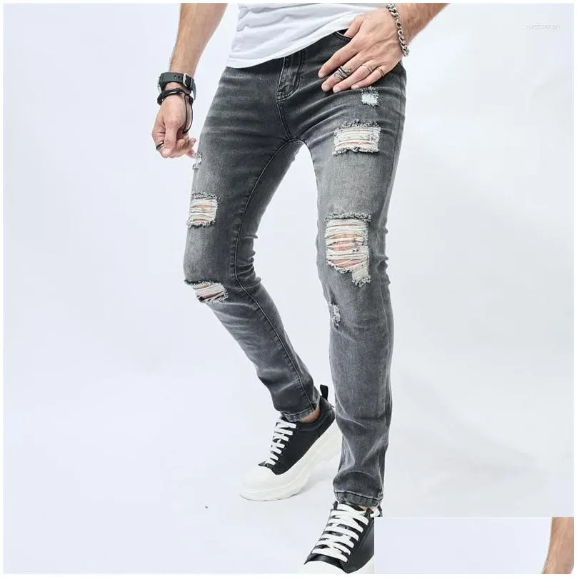 Men`S Jeans Mens Jeans 2023 Broken Holes Elastic Casual Slim Fit Pants With Small Feet Folded Thighs And Drop Delivery Apparel Men`S Dhgoj