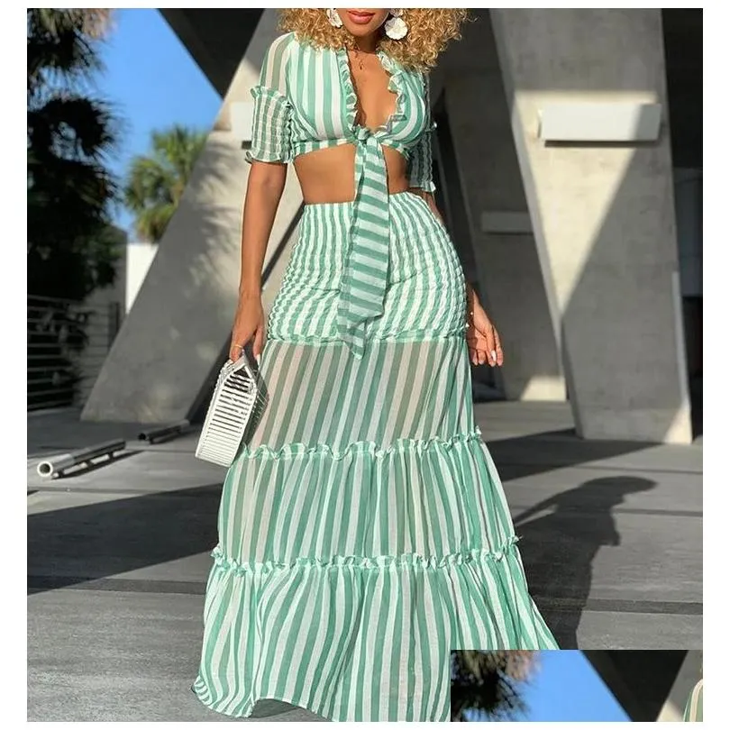 Women`S Tracksuits 2 Piece Set Women Crop Top Shirt And Maxi Skirt Stripes Beach Bohemian Tie Lace Up Ruffles Mesh See Trough Outfits Dh5Iq