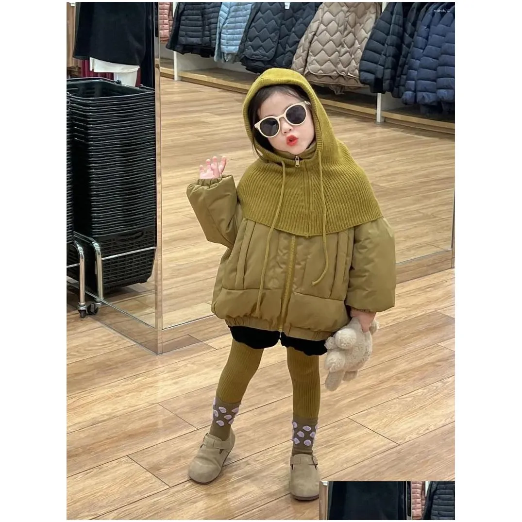 jackets girl parkas childrens 2023 winter korean style fashion knitted hat stand collar jacket down cotton coat children top