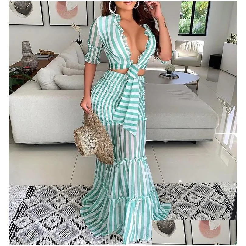 Women`S Tracksuits 2 Piece Set Women Crop Top Shirt And Maxi Skirt Stripes Beach Bohemian Tie Lace Up Ruffles Mesh See Trough Outfits Dh5Iq