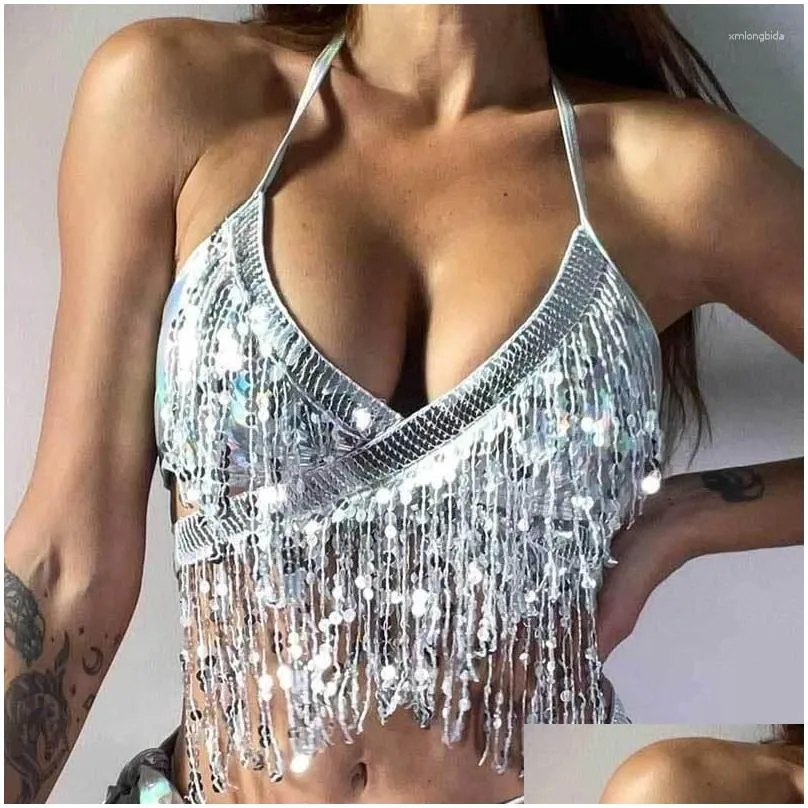 Women`S Swimwear Womens Swimwear Sequin Fringe String Bikini Top Glitter Bra Belly Dance Latin Halter Drop Delivery Apparel Women`S C Dhzgu