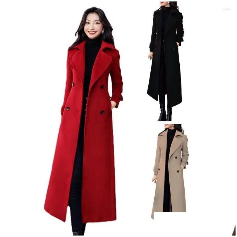 Women`S Trench Coats Womens Trench Coats Thermal Winter Overcoat Business Mid-Calf Length Jacket Formal Wool Blends Double-Breasted Co Dhgcv