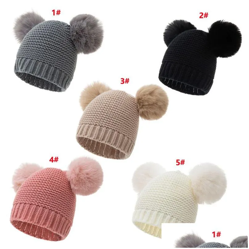 new lovely newborn baby kids girls boys kawaii winter warm knit hat furry balls pompom solid color warm cute beanie cap gifts