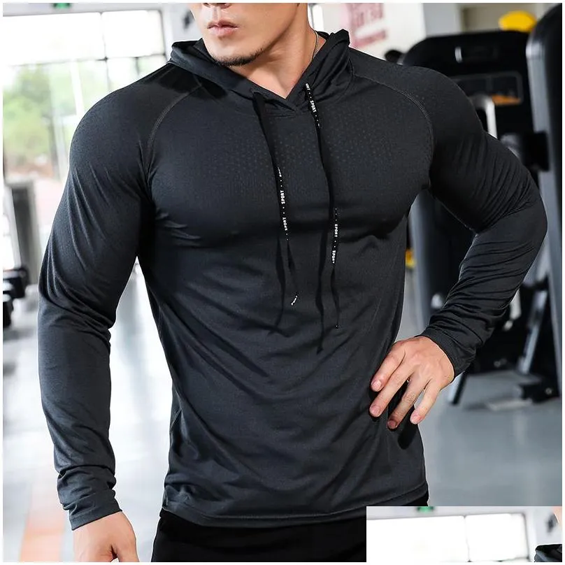 Men`S T-Shirts Mens T-Shirts Fitness Tracksuit Running Sport Hoodie Gym Joggers Hooded Outdoor Workout Athletic Clothing Muscle Traini Dhqy6