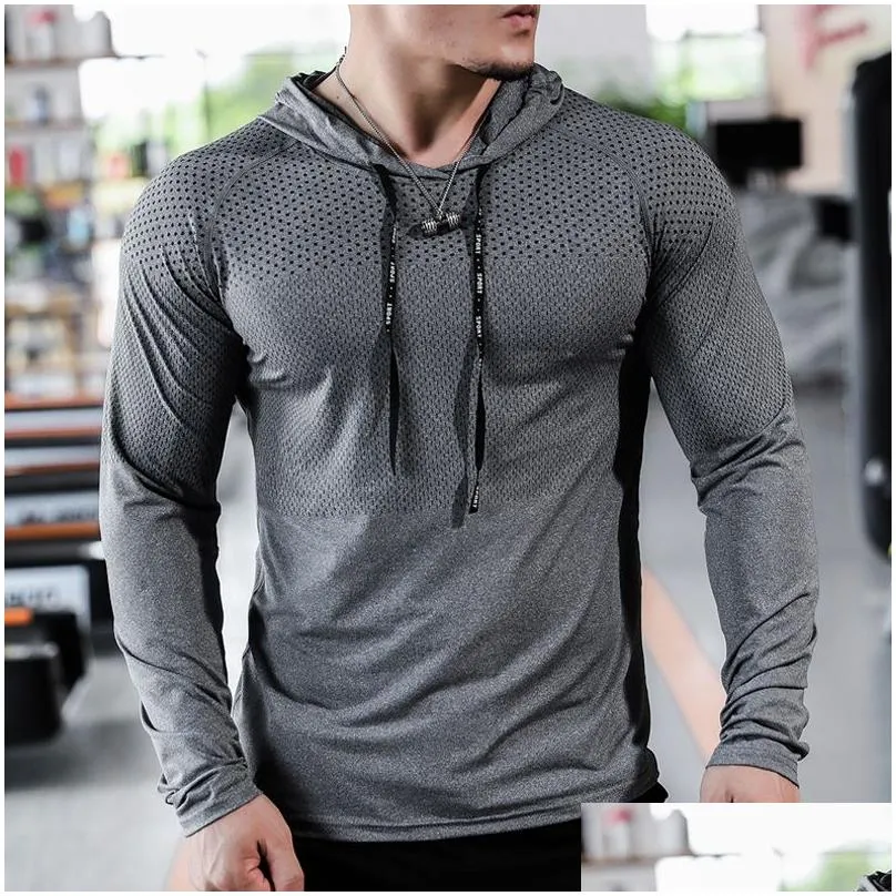 Men`S T-Shirts Mens T-Shirts Fitness Tracksuit Running Sport Hoodie Gym Joggers Hooded Outdoor Workout Shirts Tops Clothing Muscle Tra Dhpml