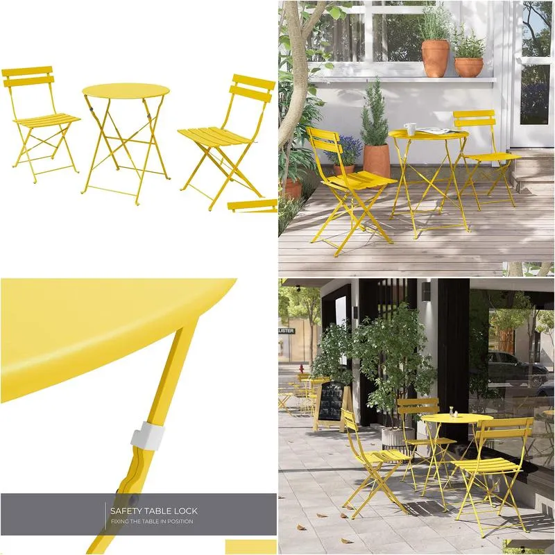 sr steel patio bistro set, folding outdoor patio furniture sets, 3 piece patio set of foldable patio table and chairs,mango yellow