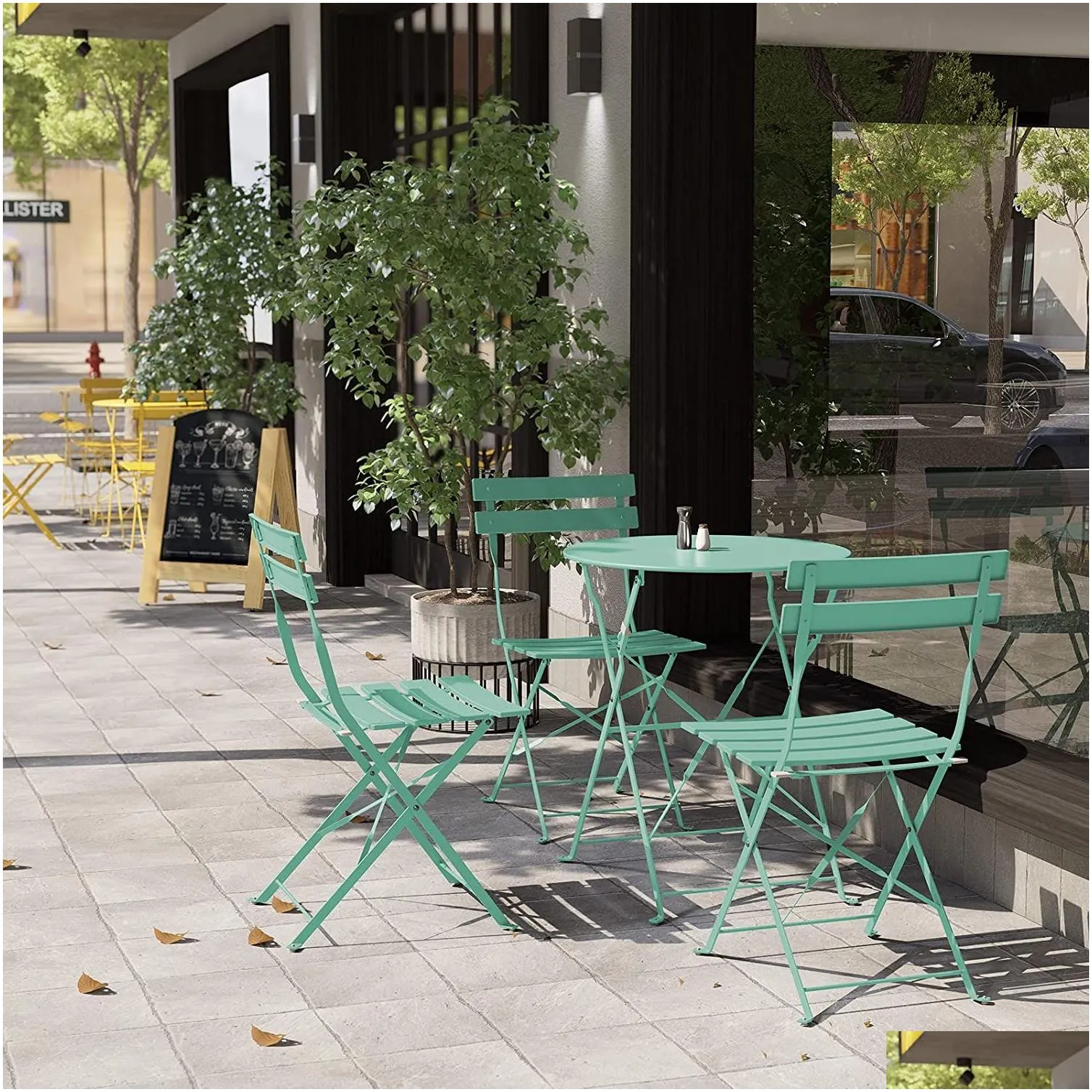 sr steel patio bistro set, folding outdoor patio furniture sets, 3 piece patio set of foldable patio table and chairs,macaron blue