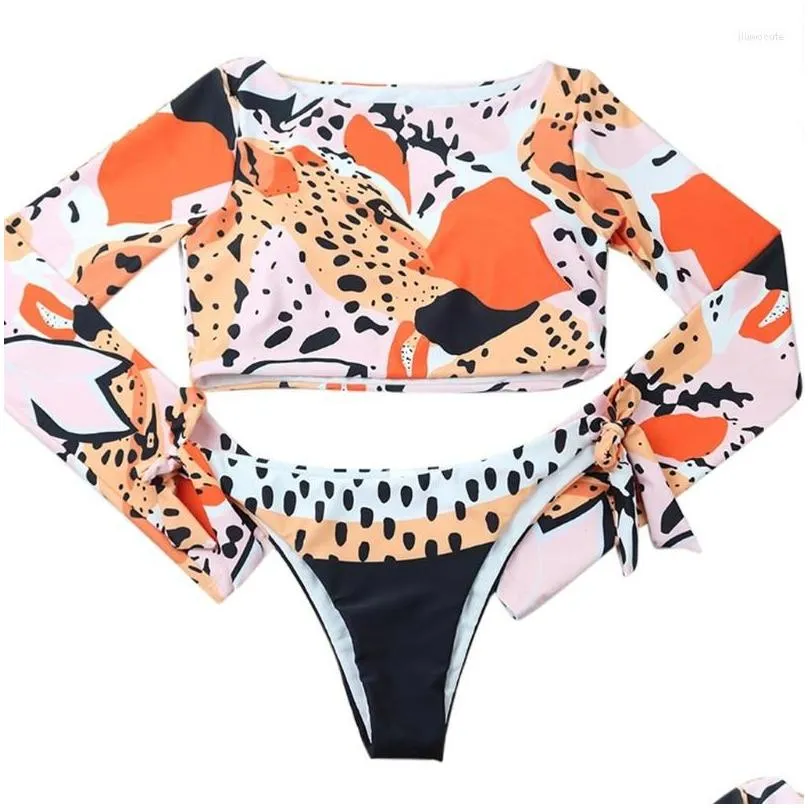 Women`S Swimwear Womens Swimwear Women Y 2Pcs Bikini Long Sleeve Sunsn Crop Top Swimsuit Leopard Polka Dot Print Side Tie Thong Bathi Dhysf