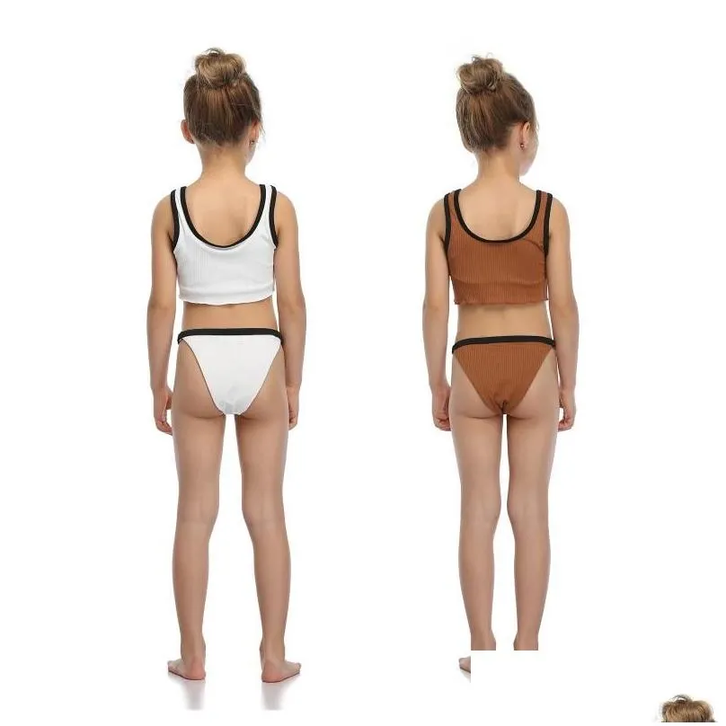 one-pieces girl 2021s cute two piece split swimsuit  solid color stitching suspender tops and buckle triangle shorts