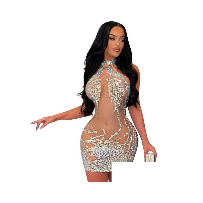Basic & Casual Dresses Casual Dresses Y Mesh Rhinestone Short Prom Evening Mini Dress See Through Outfits Luxury For Women Night Club Dhoea