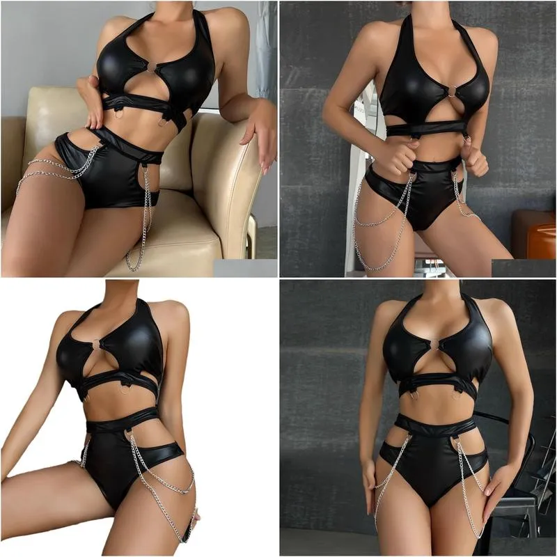 Bras Sets Womens Fun Underwear Pu Leather Chain Split Pregnancy Pajama Set Christmas Lingerie For Women With Push Up Drop Delivery Dhvpa