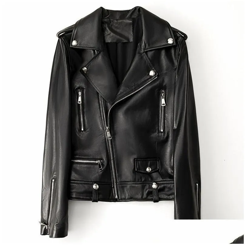 Women`S Leather & Faux Leather Aigo Autumn Women Pu Leather Jacket Woman Zipper Belt Short Coat Female Motorcycle Black Faux Outwear 2 Dhi3A