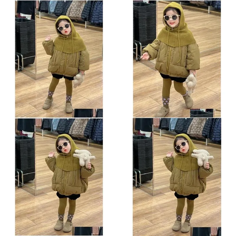 jackets girl parkas childrens 2023 winter korean style fashion knitted hat stand collar jacket down cotton coat children top