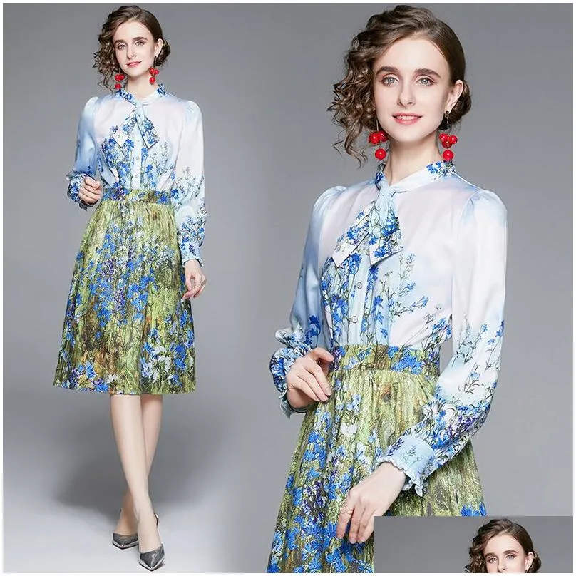 womens printed bow dress long sleeve 2022 spring autumn dress high-end elegant lady floral dresses office party dress