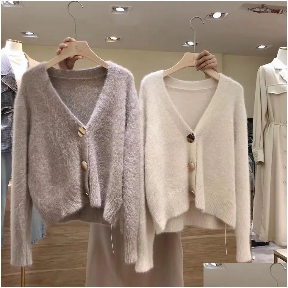 Women`S Sweaters Mohair Sweater Women Cardigans Winter V-Neck Soft Knitted Tops Outwear Solid White Brown Casual Woman Knitwear Sweat Dh1Mt