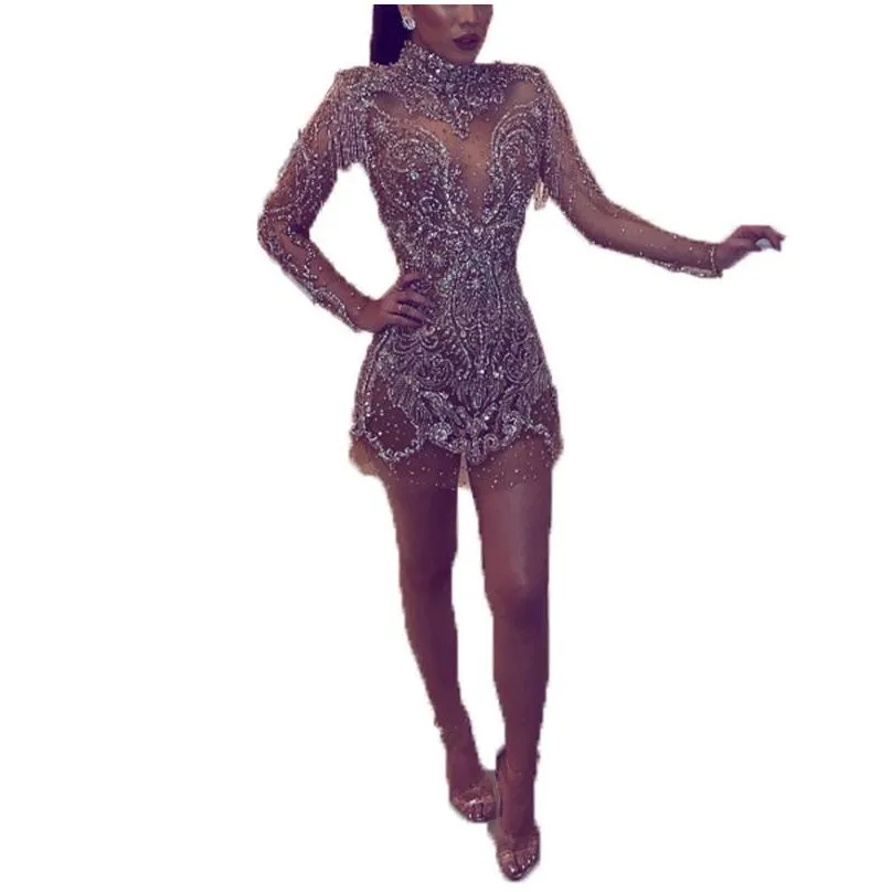 Basic & Casual Dresses Rhinestones Mini Dress Sparkly Crystals High Neck Long Sleeve Transparent Sier Women Evening Tassels Drop Deli Dh3Cv