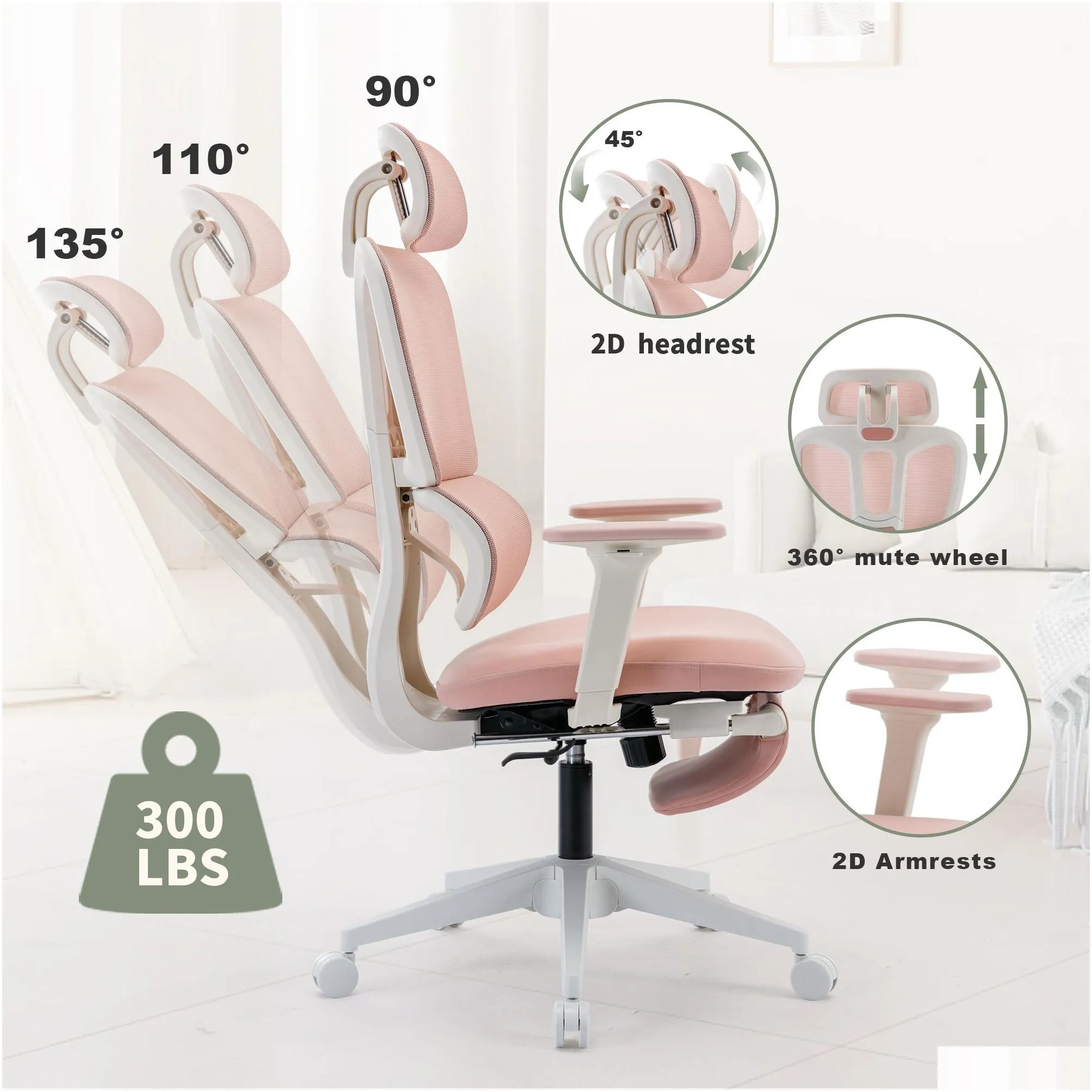 ergonomic mesh office chair with 2d adjustable armrest,high back desk computer chair,pink