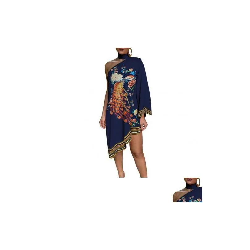 Basic & Casual Dresses Casual Dresses Plus Size Dress Apparel Women Fashion Choker Peacock Print One Shoder Irregar Ruffled Hem 2021 Dhdqx