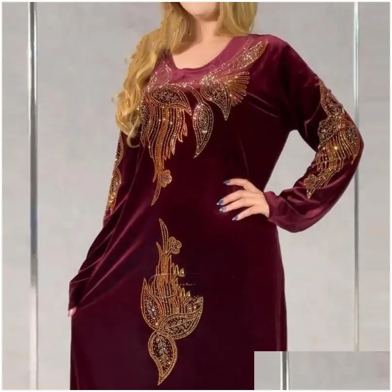 Ethnic Clothing Plus Size Veet Evening Dresses For Women 2021 Winter Long Sleeve Kaftan Maxi Dress Abaya Dubai Turkey Muslim African Dhvj8