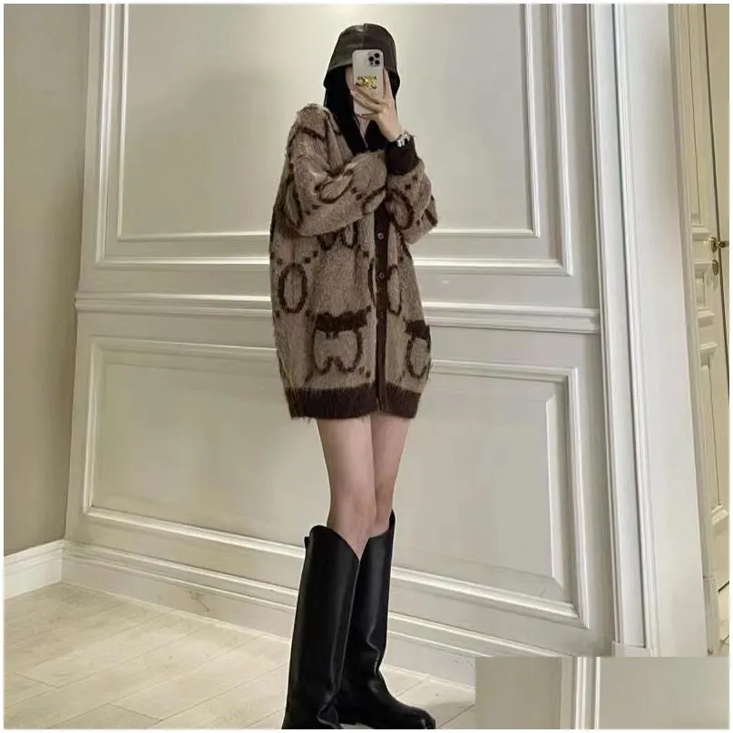 fashion brand designer sweaters new female loose coat brown presbyopia full print sweater coat lazy wind loose cardigan top