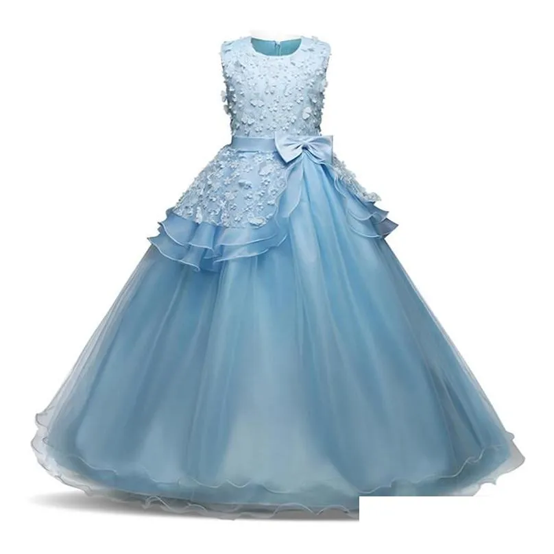 girl`s dresses summer flower princess girl tulle dress teenagers for short sleeve clothes children prom gown white