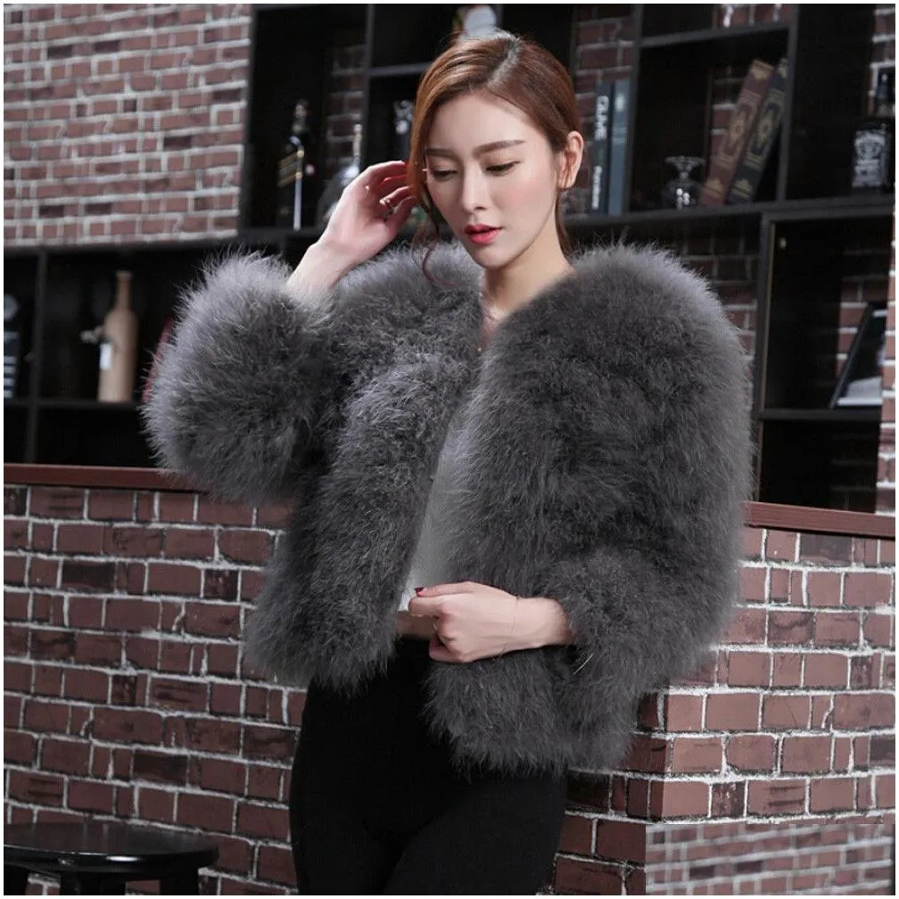 women furry faux fur coat soft ostrich feather fake fur jacket winter warm outerwear vintage party short outwear #t2g