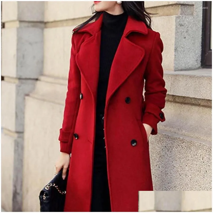 Women`S Trench Coats Womens Trench Coats Thermal Winter Overcoat Business Mid-Calf Length Jacket Formal Wool Blends Double-Breasted Co Dhgcv