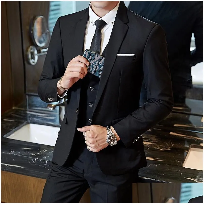 Men`S Suits & Blazers Mens Fashion Slim Suits Business Casual Clothing Groomsman Three-Piece Suit Blazers Jacket Pants Trousers Vest Dhmnl