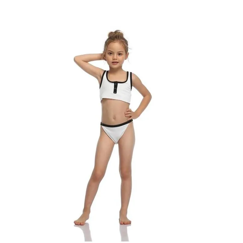 one-pieces girl 2021s cute two piece split swimsuit  solid color stitching suspender tops and buckle triangle shorts