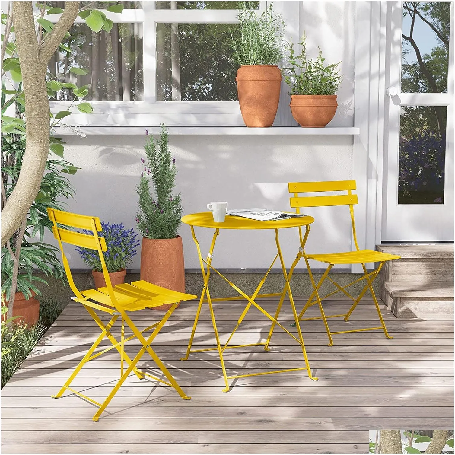 sr steel patio bistro set, folding outdoor patio furniture sets, 3 piece patio set of foldable patio table and chairs,mango yellow