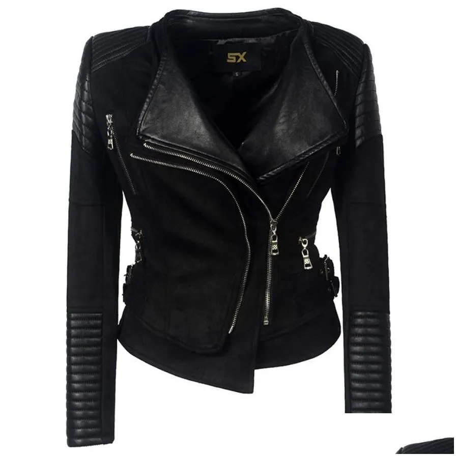 women motocycle racing clothing lapel zipper jacket deerskin velvet coat slim pu leather biker jacket