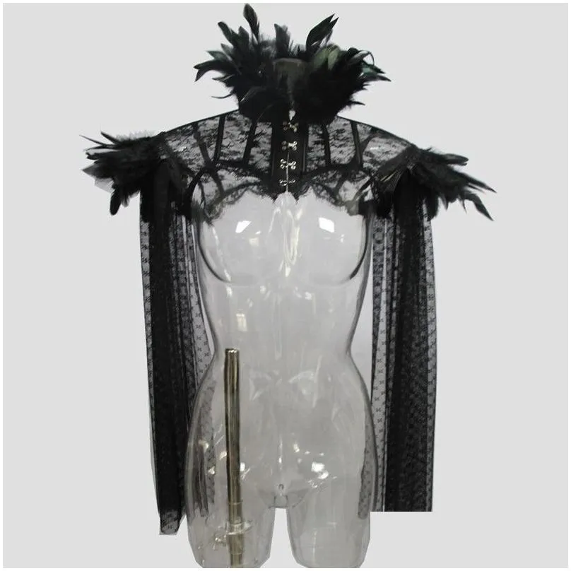 women steampunk feathers gothic fake high collar lace mesh cape shoulder bolero jacket shrug crop tops retro vintage halloween rave