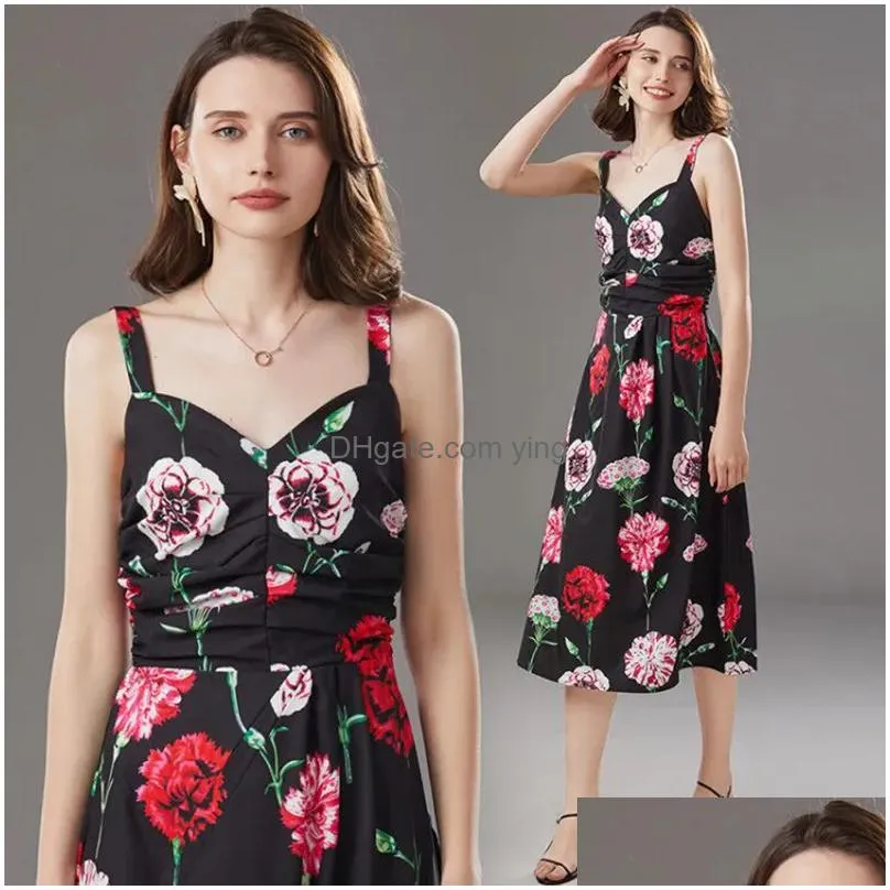 fashion runway summer dress womens red rose vacation vestidos long bow spaghetti strap blue white porcelain floral dress lj200812