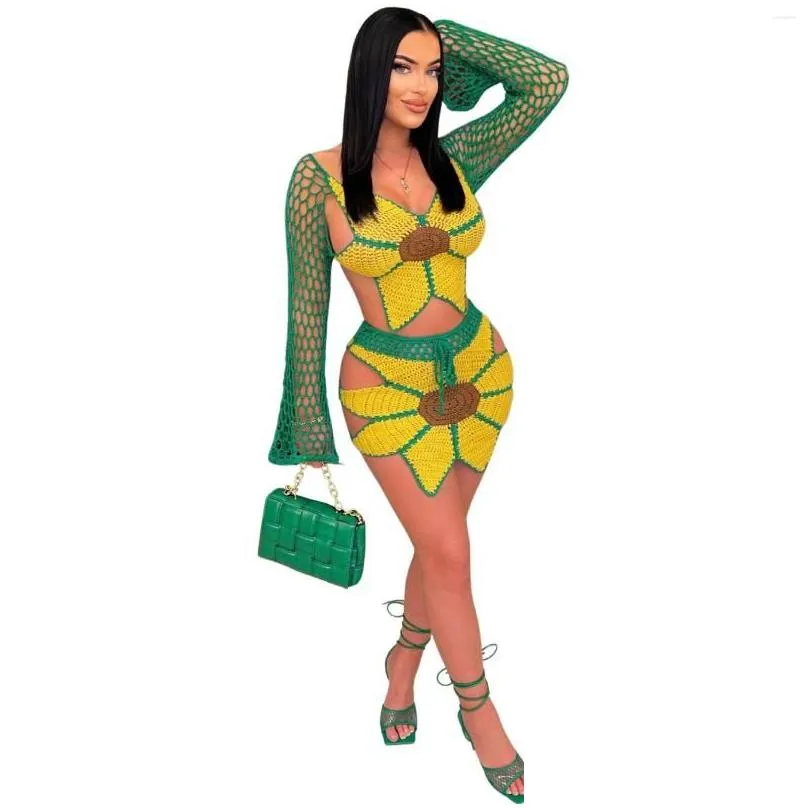 Two Piece Dress Women Long Sleeve Tops And Mini Skirt Hand-Clogheted Sunflower Swimsuit Er Ups 2023 Summer 2 Set Drop Delivery Dhoeg