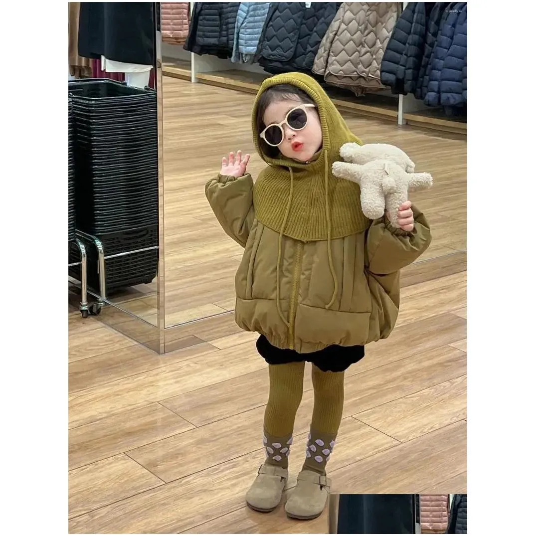 jackets girl parkas childrens 2023 winter korean style fashion knitted hat stand collar jacket down cotton coat children top