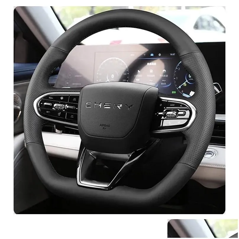 steering wheel covers genuine leather for chery tiggo 7 plus arrizo 8 5 hand sewing protection car cover accessories balck