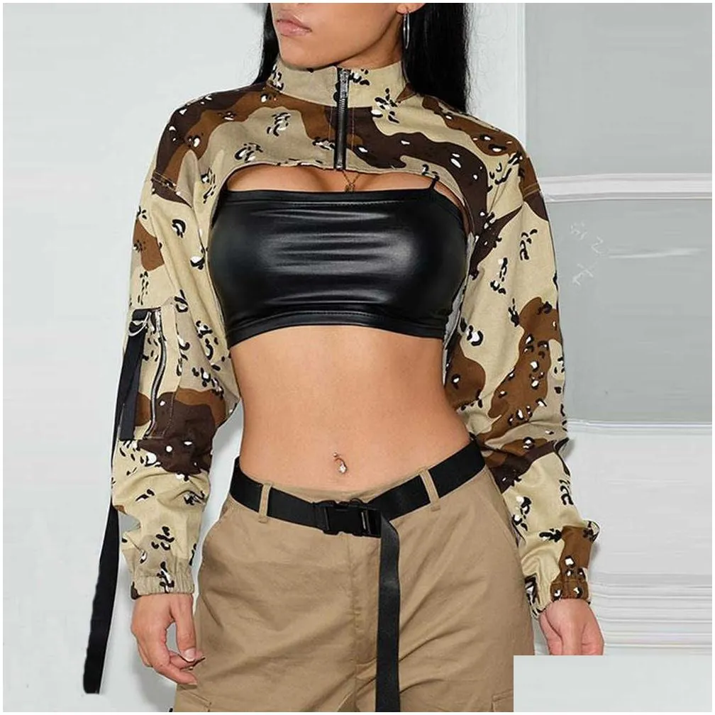 Women`S Jackets Womens Jackets Camo Jacket Cropped Camouflage Coats Casual Fashion Tops 2022 Women Winter Clothes Fall Cyber Y2K Stree Dhdlu