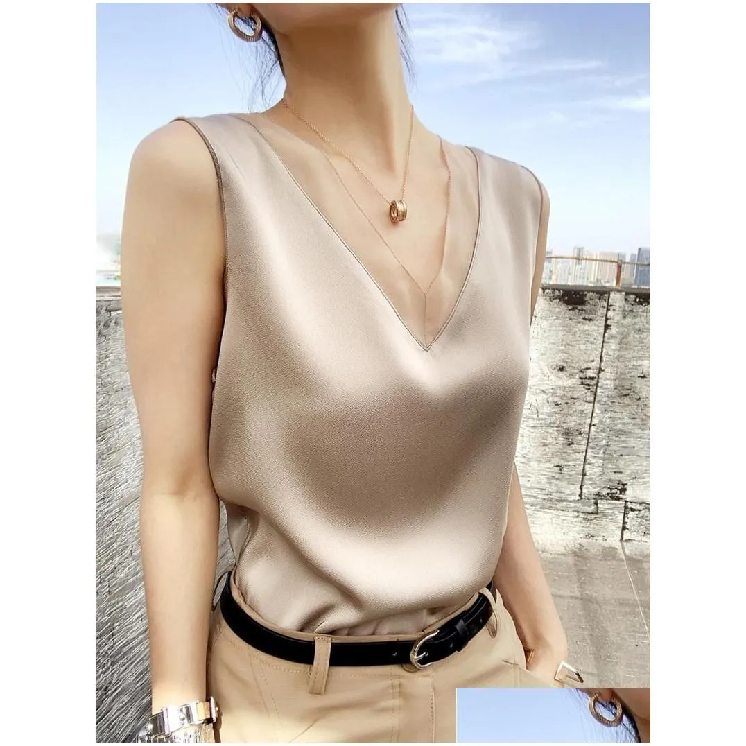 Women`S Blouses & Shirts Womens Blouses Shirts Summer Elegant Tunic Vintage Office Plus Size Satin Silk Blouse Basic Chiffon Tops Shi Dhtpl