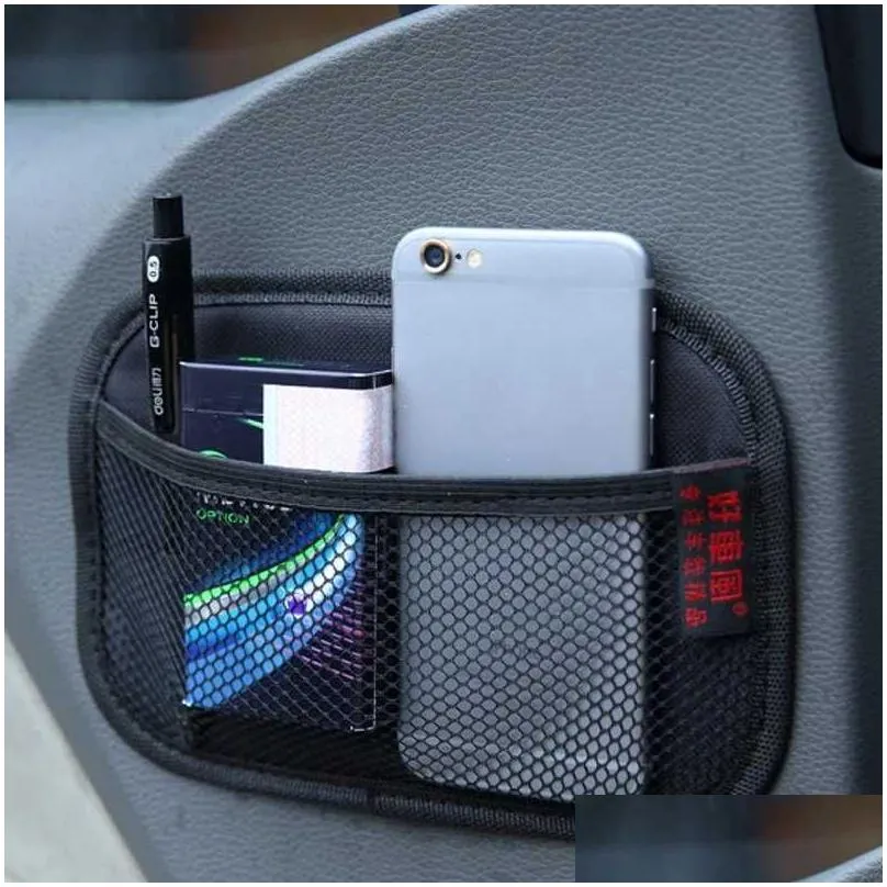 car storage net leather mesh bags interior organizer self adhesive bag for phone card coins keys auto tidying holder