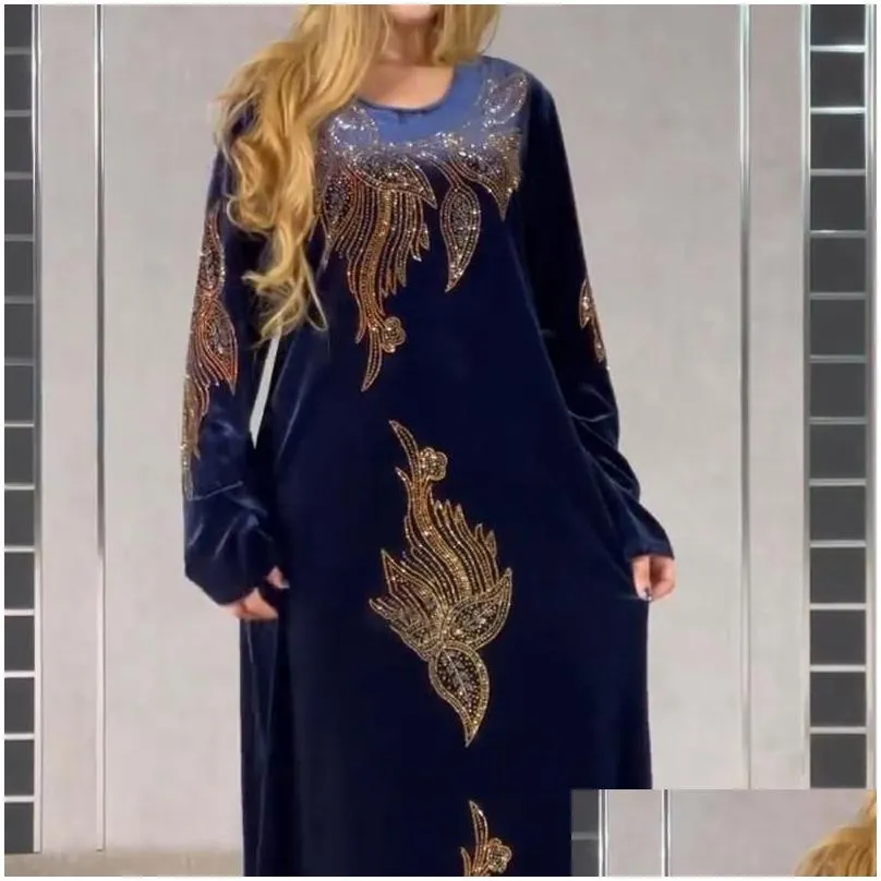 Ethnic Clothing Plus Size Veet Evening Dresses For Women 2021 Winter Long Sleeve Kaftan Maxi Dress Abaya Dubai Turkey Muslim African Dhvj8