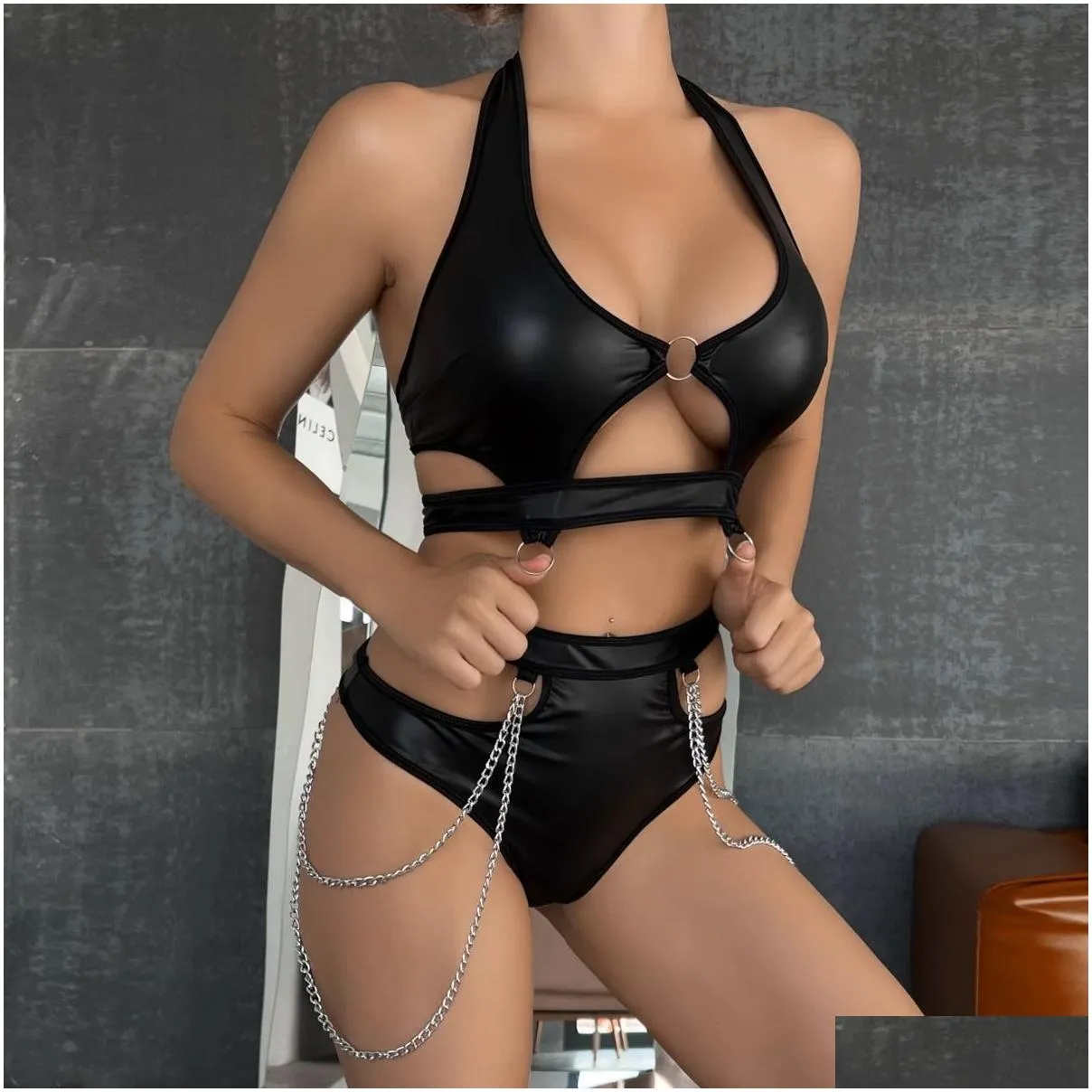 Bras Sets Womens Fun Underwear Pu Leather Chain Split Pregnancy Pajama Set Christmas Lingerie For Women With Push Up Drop Delivery Dhvpa