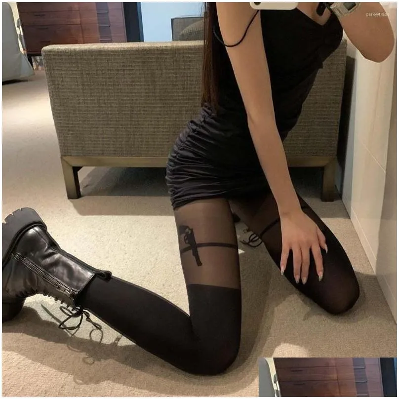 Socks & Hosiery Women Socks Harajuku Y Black Pistol Pattern Tights Stockings Female Slim Thin Body Personality Drop Delivery Apparel Dhjrg